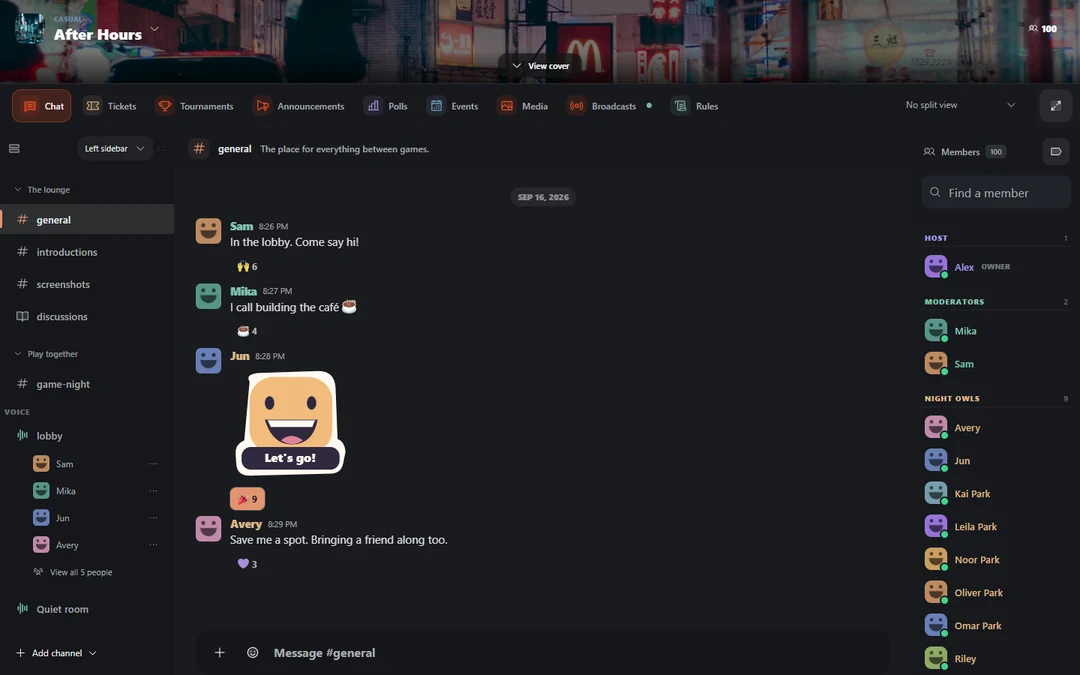 Joying desktop community with chat channels, a voice room, and the people in After Hours.