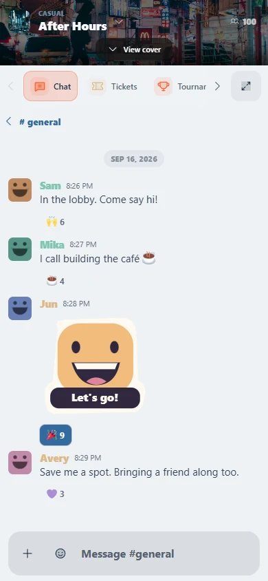 After Hours on a phone, with face avatars, stickers, and reactions.