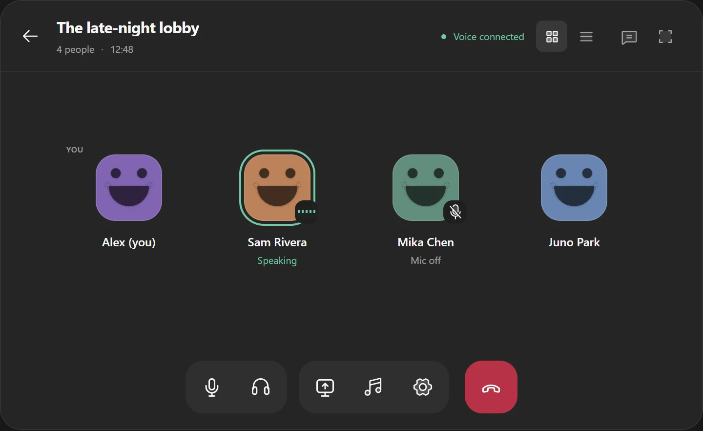 Joying voice channel in dark appearance: four members and controls for mute, deafen, screen share, music, settings and disconnect.