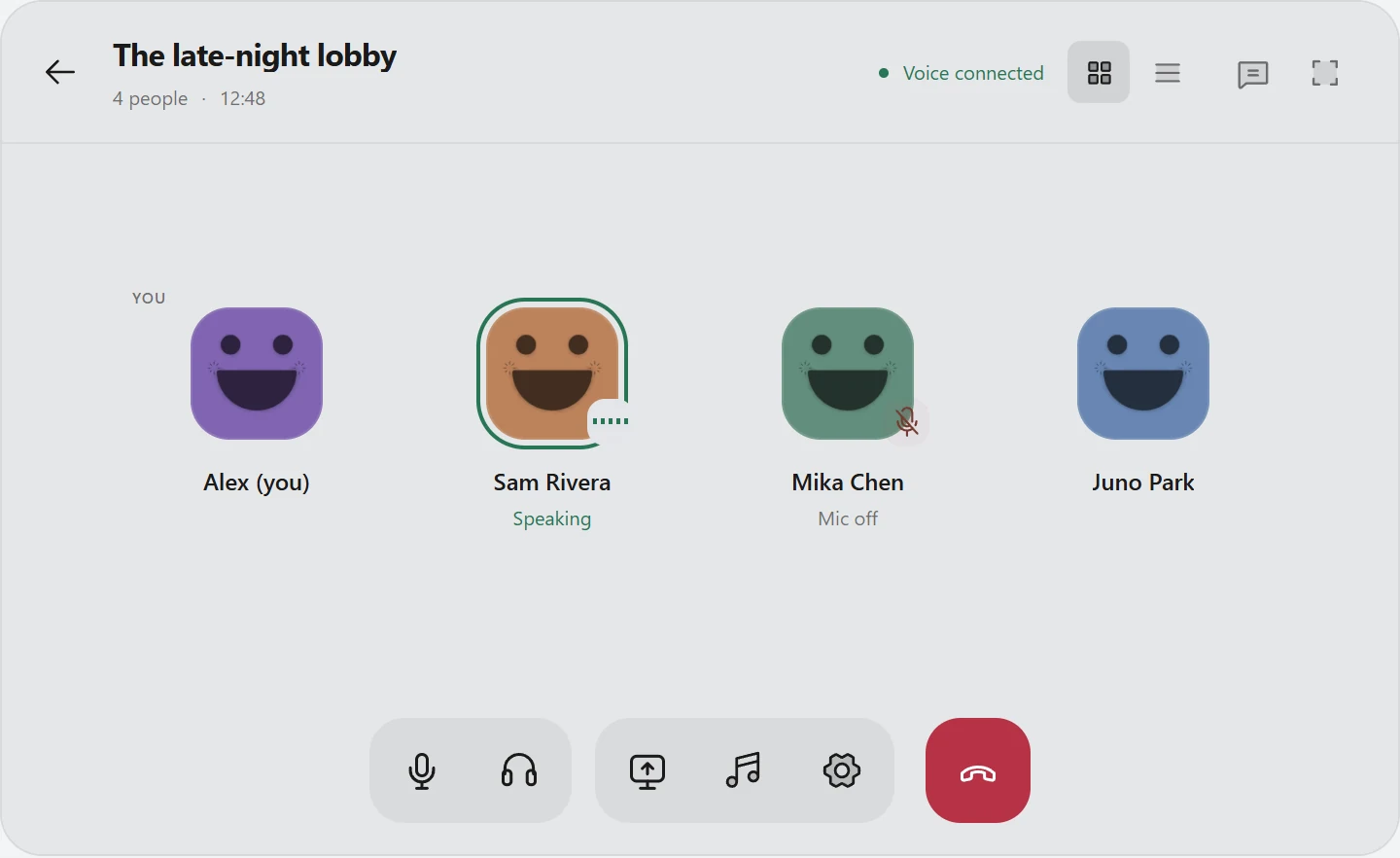 Joying voice channel in light appearance: four members and controls for mute, deafen, screen share, music, settings and disconnect.